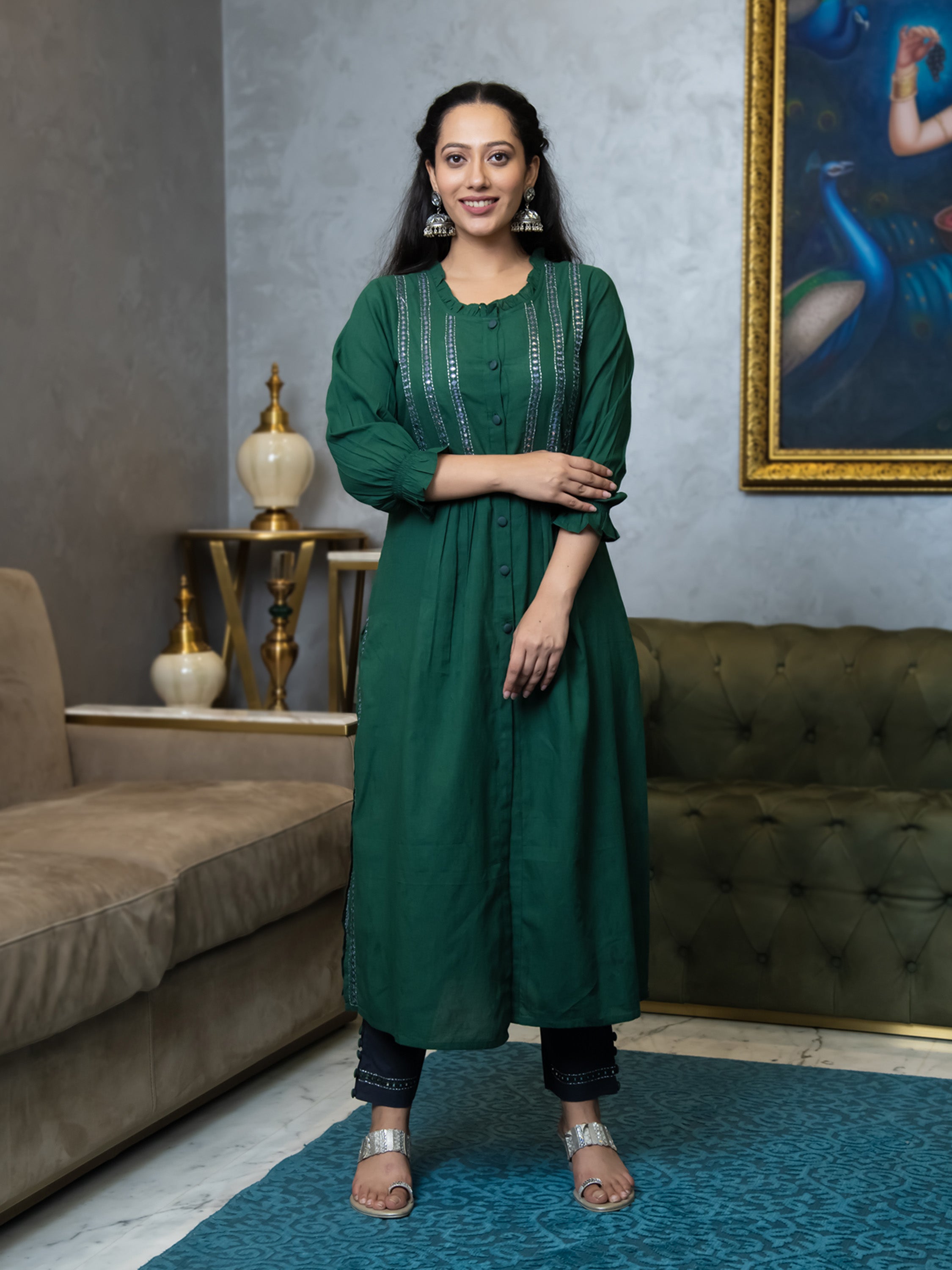 Pure Cotton Indian Dress Green Anarkali Cotton Kurta With Palazzos &  Dupatta Salwar Kameez Set Kurti Sets Indian Party/festive Wear - Etsy