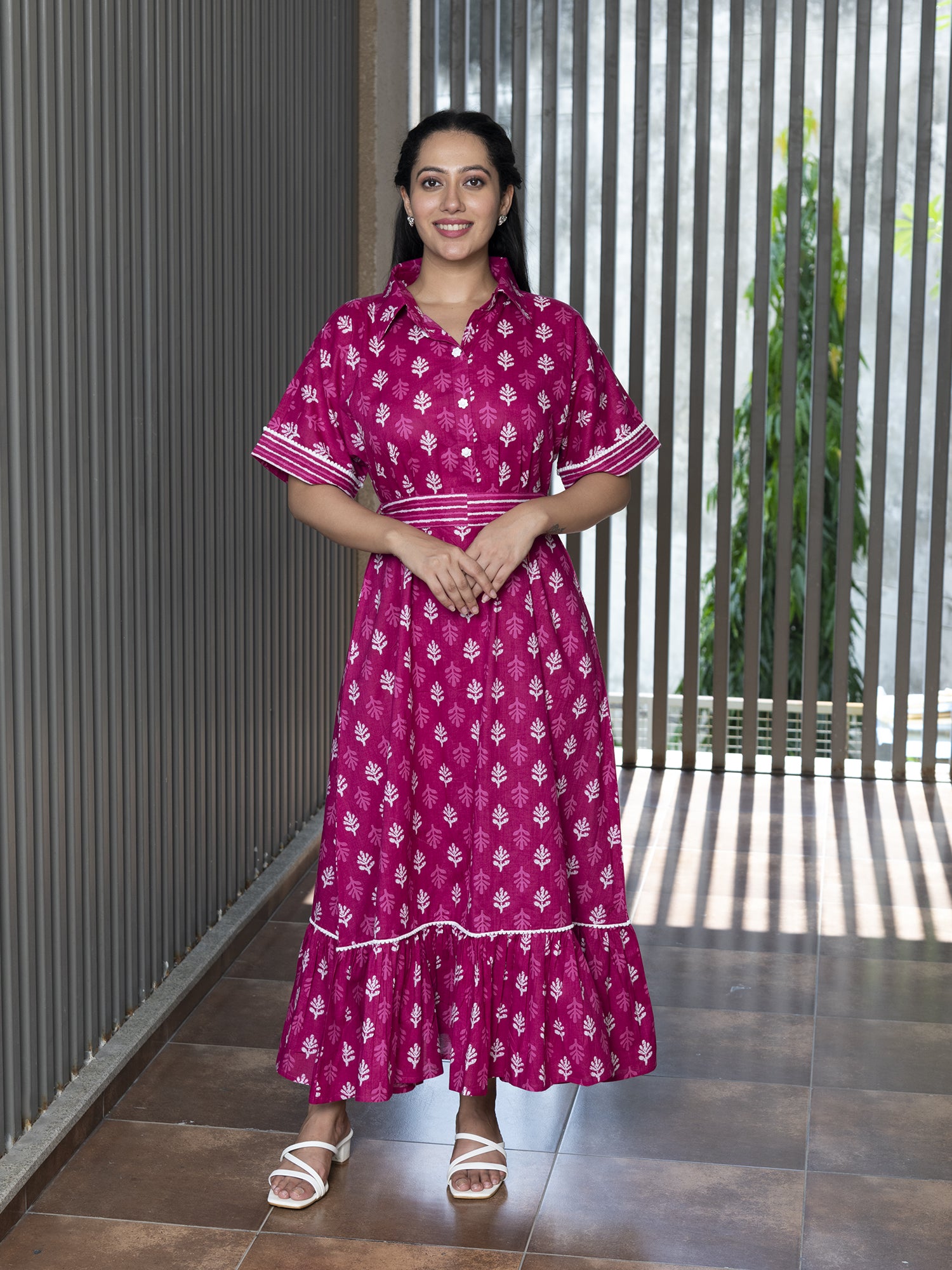 AAHELI ARASI FUCHSIA PRINTED COTTON MAXI DRESS