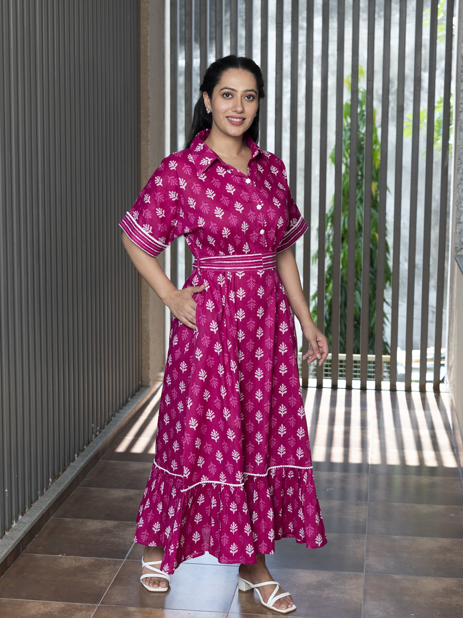 AAHELI ARASI FUCHSIA PRINTED COTTON MAXI DRESS