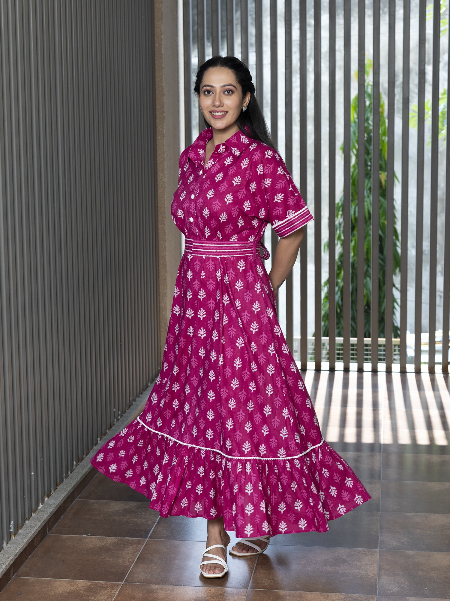 AAHELI ARASI FUCHSIA PRINTED COTTON MAXI DRESS