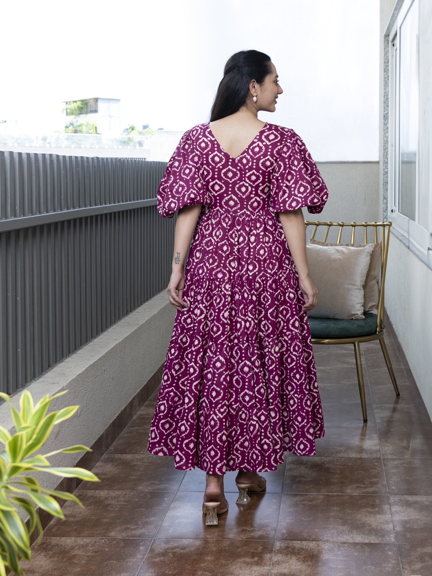 DEEP ORCHID PRINTED COTTON TIERED DRESS
