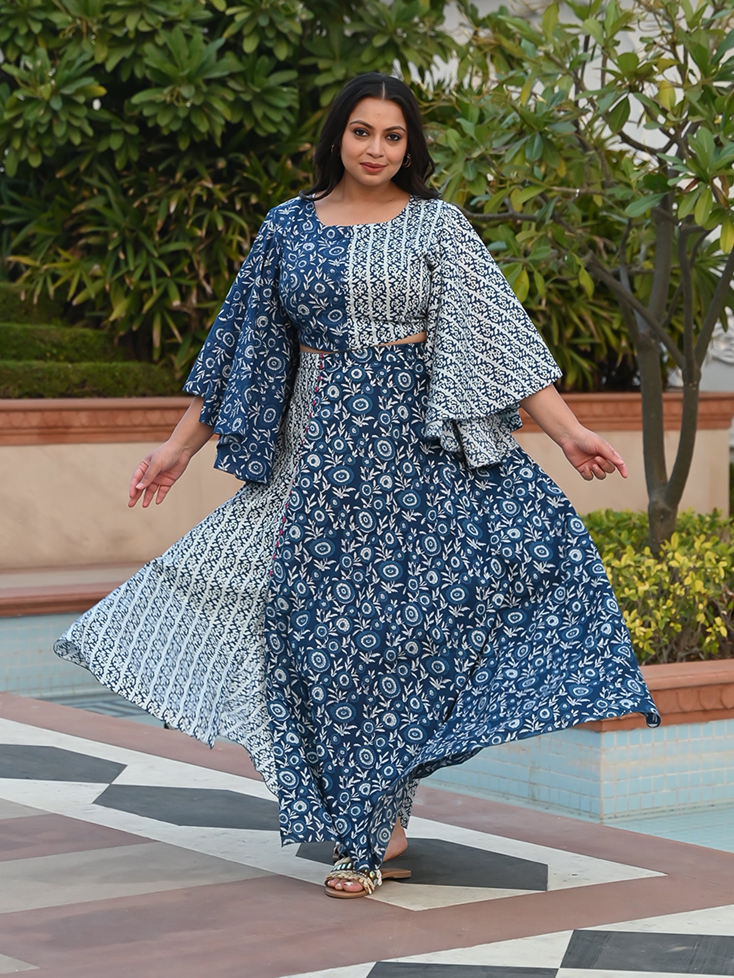 AAHELI NAVY PRINTED COTTON TOP & SKIRT SET