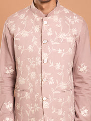 AAHELI BROWN COTTON EMBROIDERED KURTA-PANT-JACKET SET