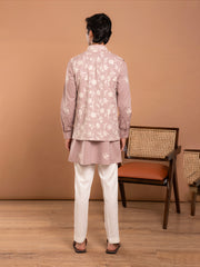 AAHELI BROWN COTTON EMBROIDERED KURTA-PANT-JACKET SET