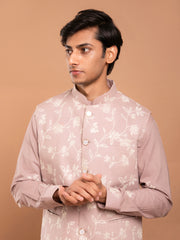 AAHELI BROWN COTTON EMBROIDERED KURTA-PANT-JACKET SET
