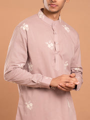 AAHELI BROWN COTTON EMBROIDERED KURTA-PANT-JACKET SET