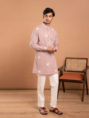 AAHELI BROWN COTTON EMBROIDERED KURTA-PANT-JACKET SET