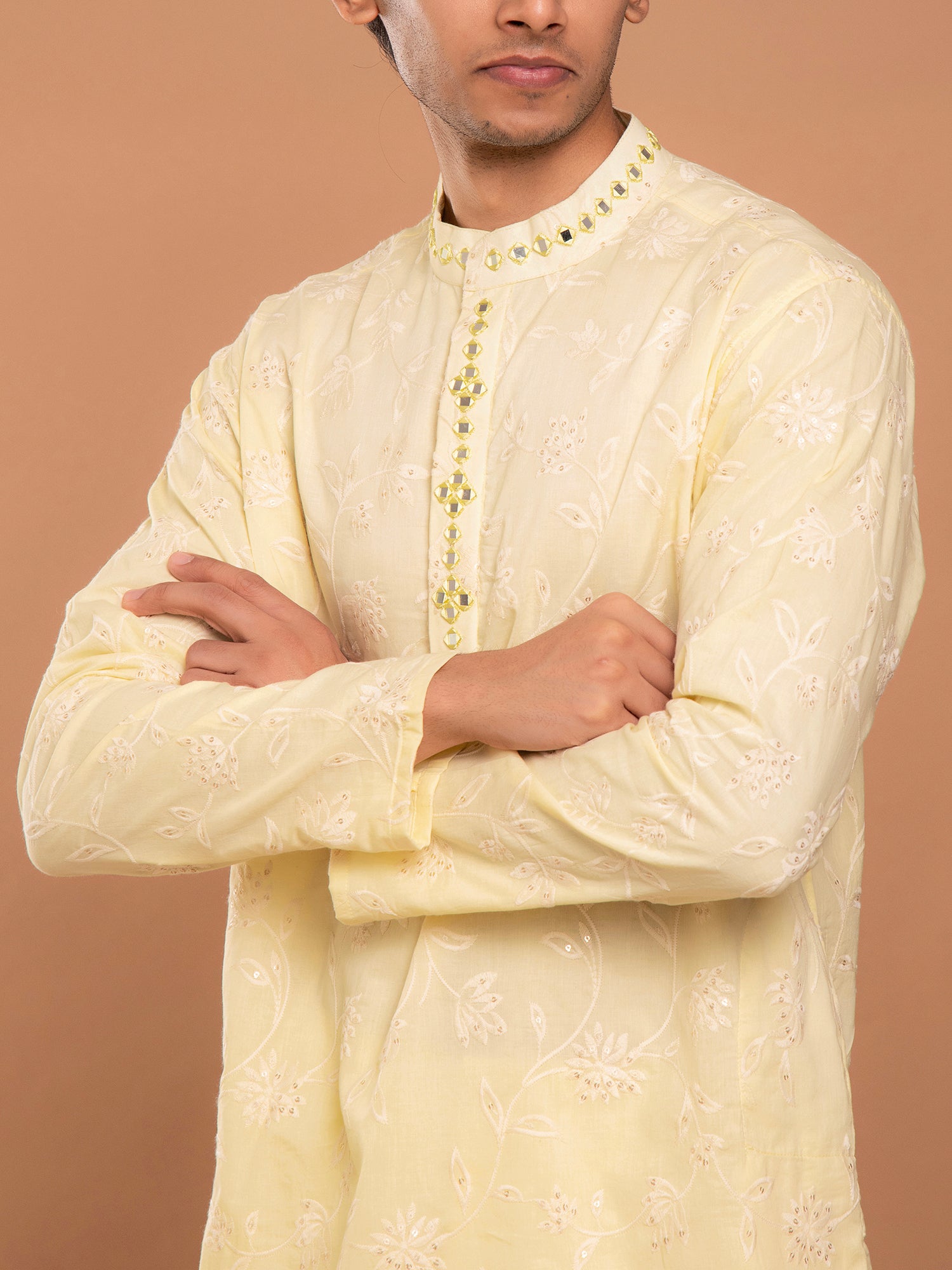 AAHELI TARAK YELLOW EMBROIDERED KURTA-PANT SET