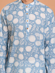 AAHELI MEN'S BLUE FLORAL HAND BLOCK PRINTED KURTA-PANT SET