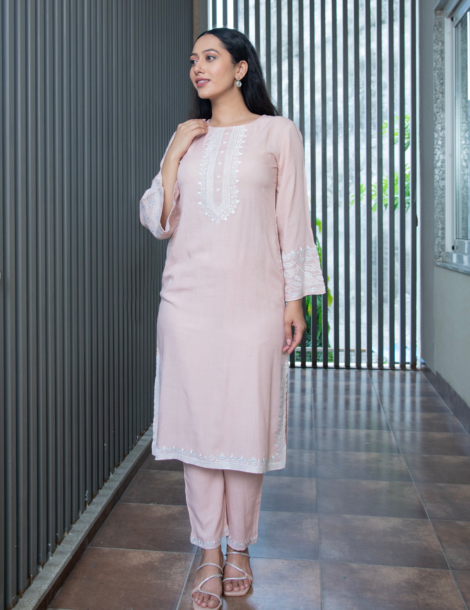 CHARITA PEACH EMBROIDERED KURTA & PANTS SET