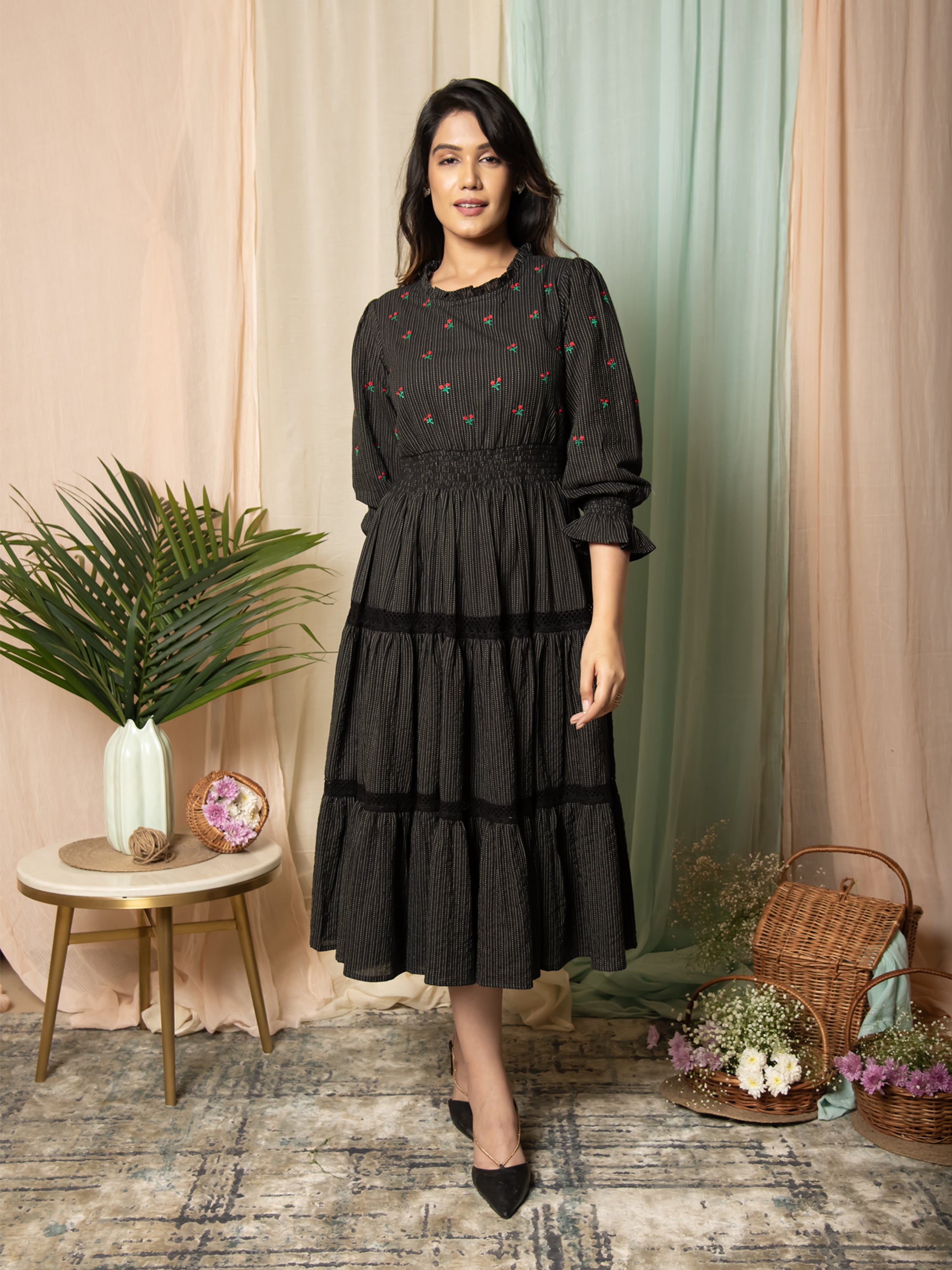 RADIANT MEADOWS BLACK COTTON KANTHA TIERED DRESS