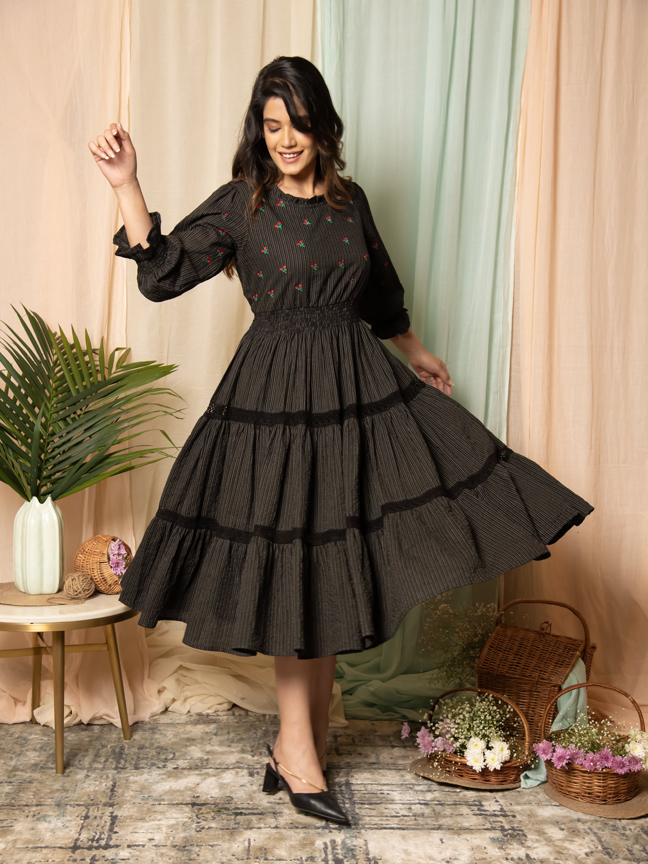 RADIANT MEADOWS BLACK COTTON KANTHA TIERED DRESS