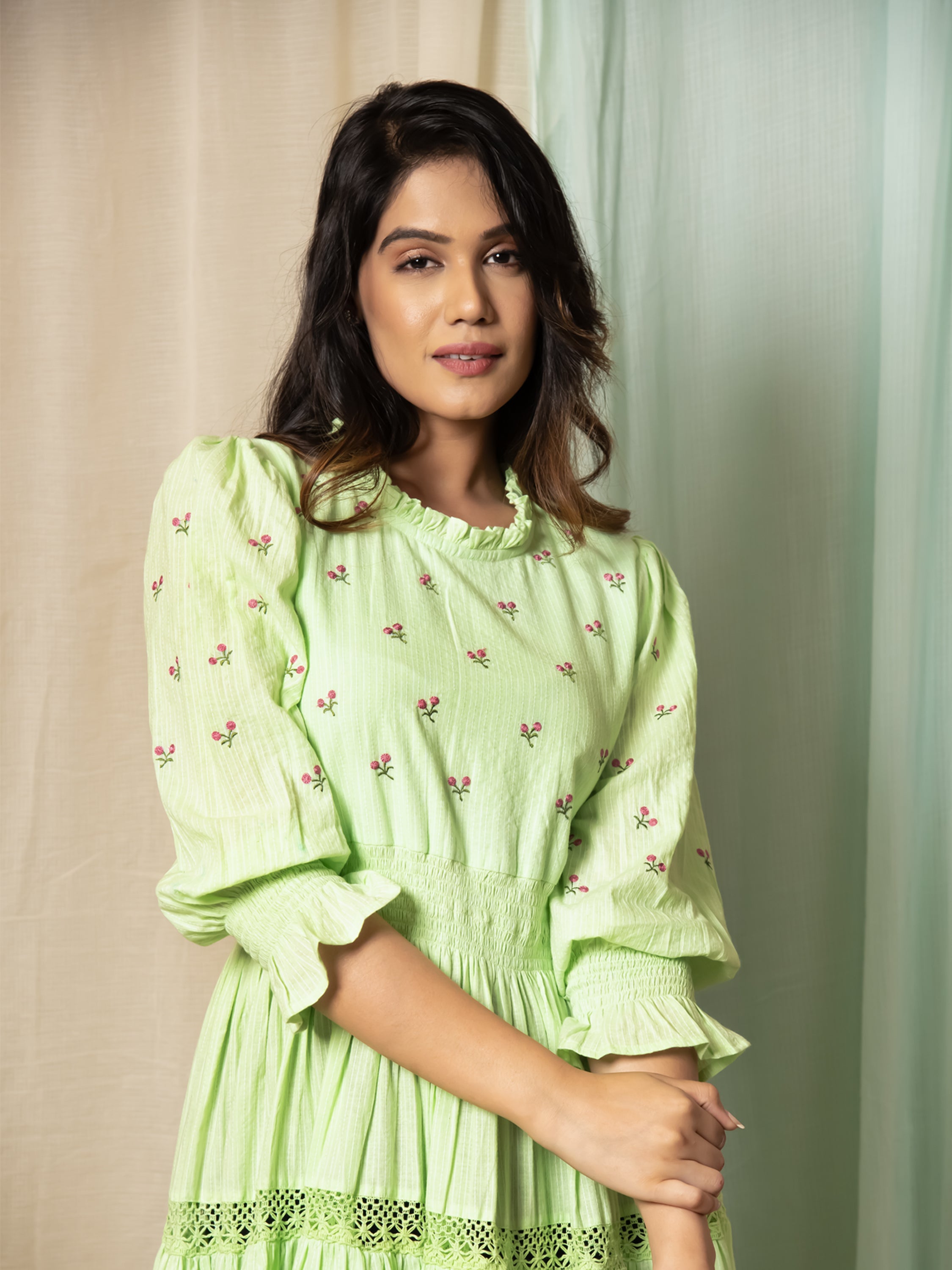 RADIANT MEADOWS PASTEL GREEN COTTON KANTHA TIERED DRESS