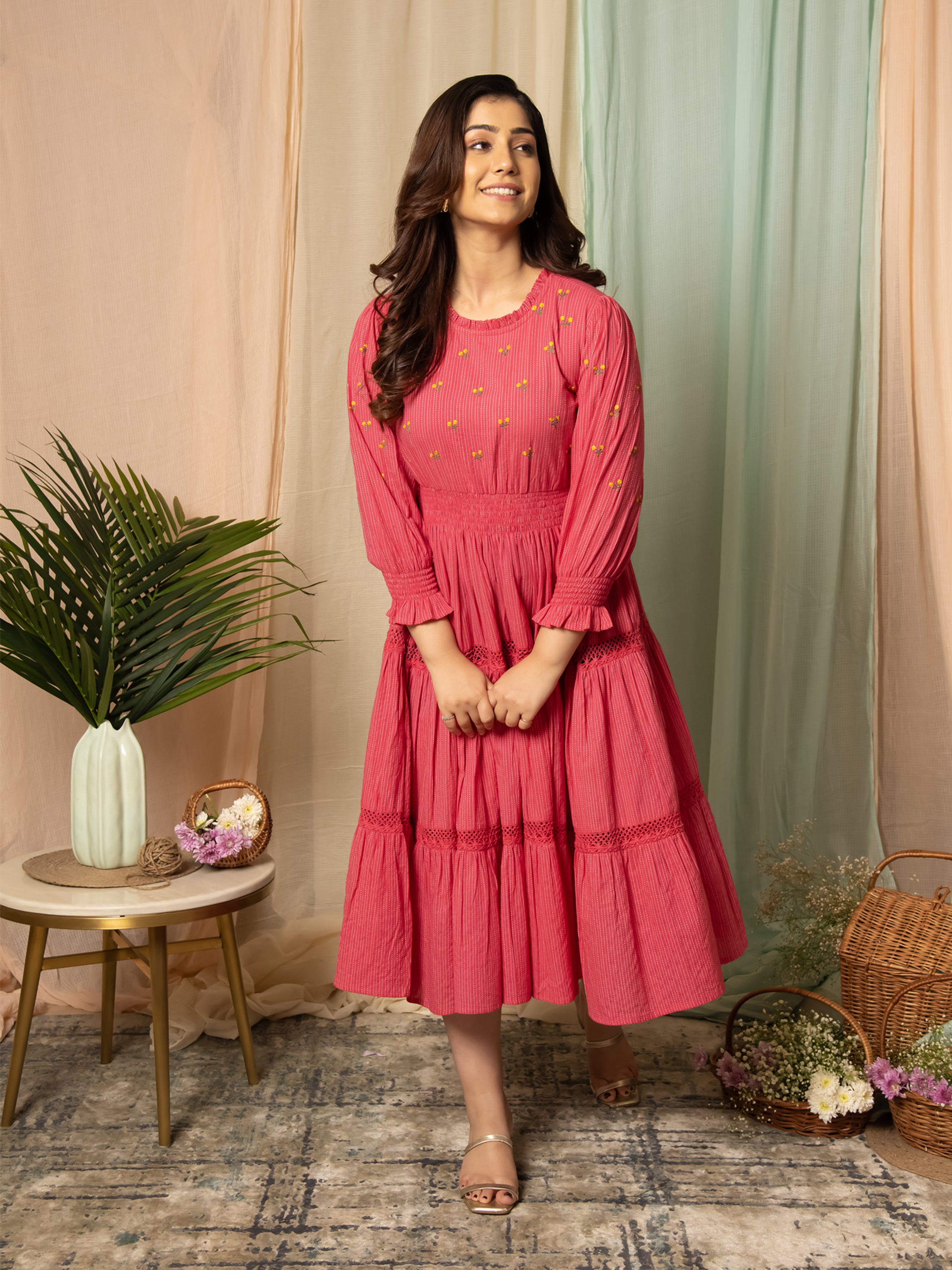 AAHELI RADIANT MEADOWS CERISE PINK COTTON KANTHA TIERED DRESS