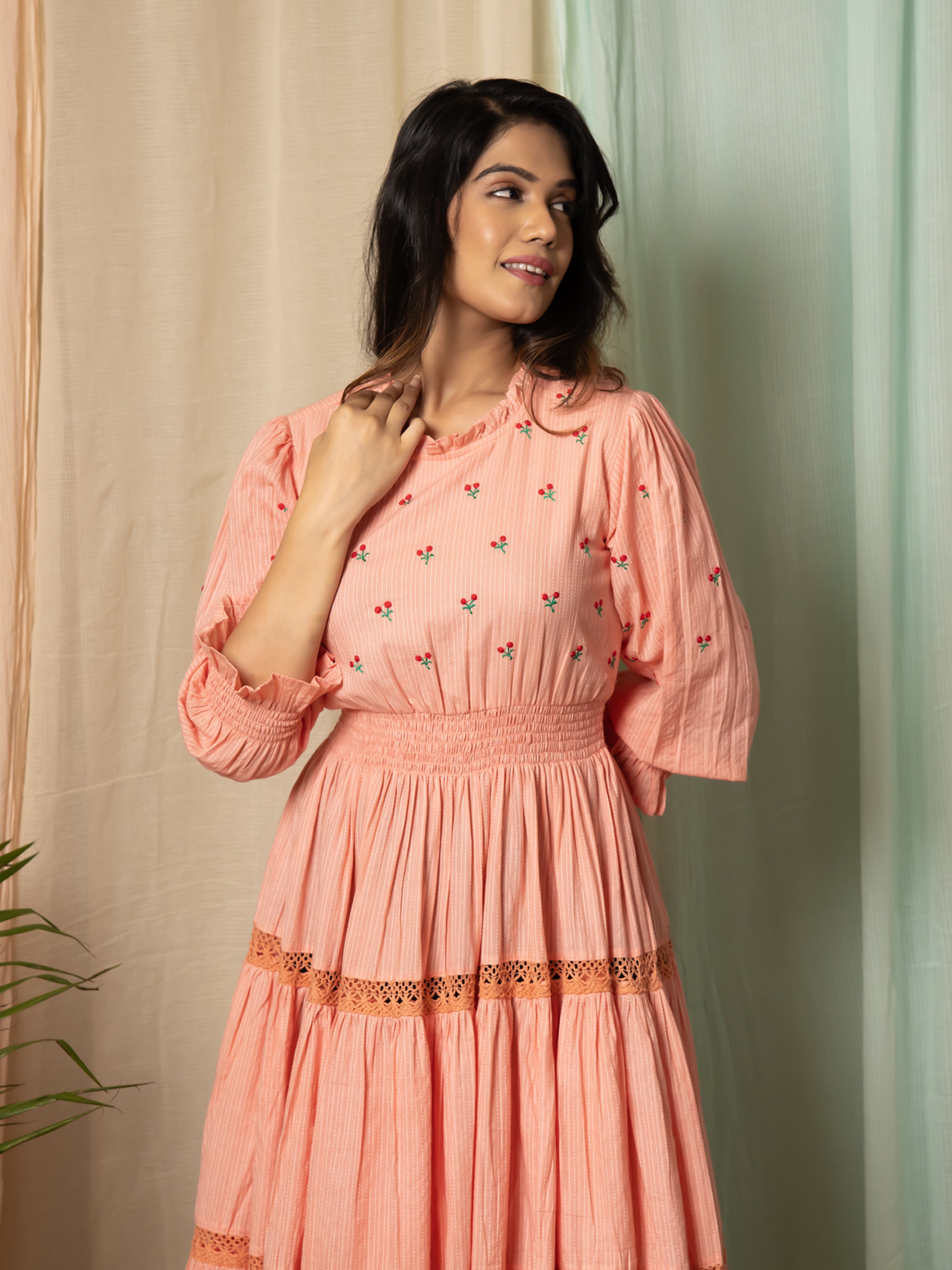 RADIANT MEADOWS PEACH COTTON KANTHA TIERED DRESS