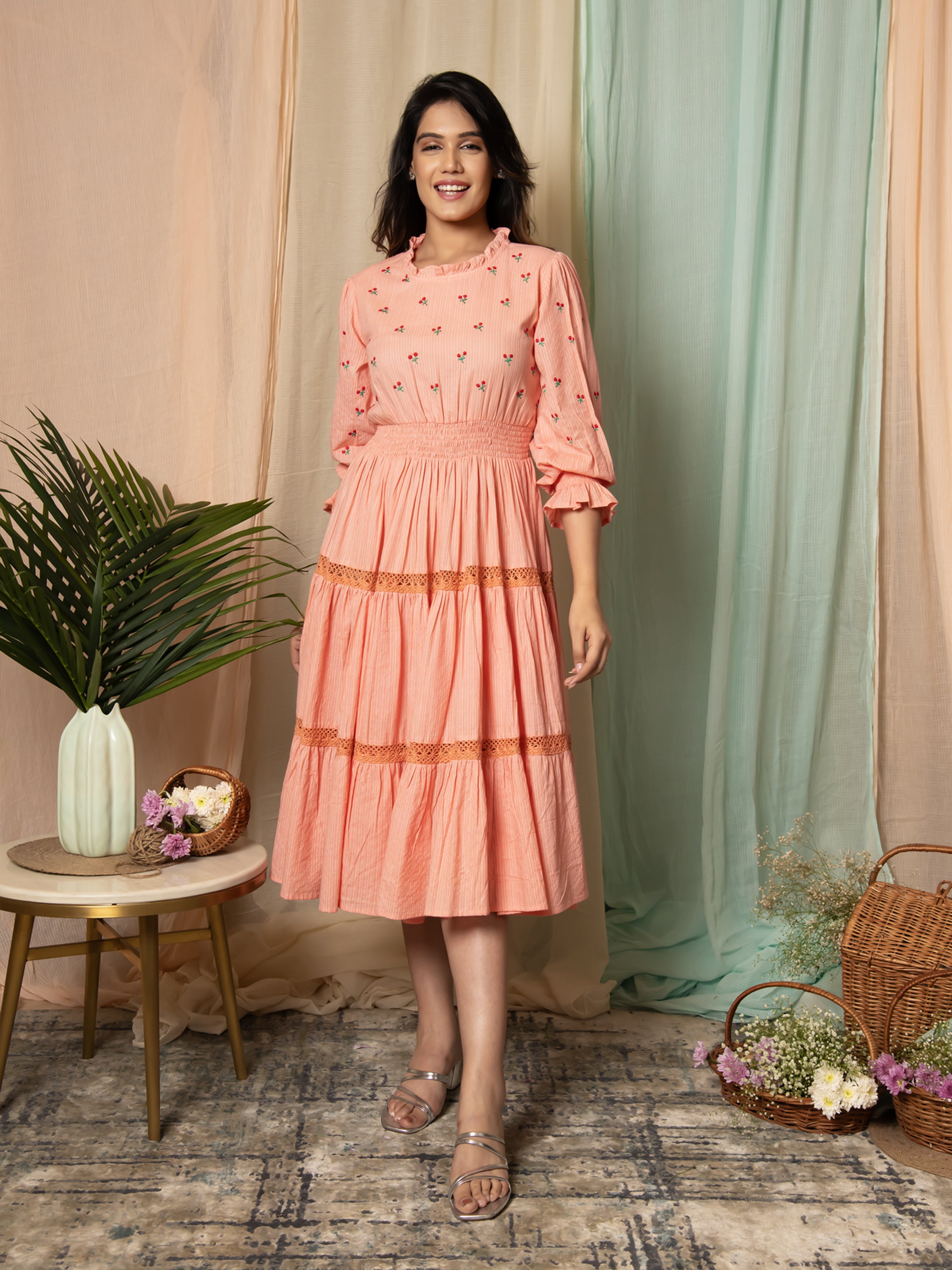 RADIANT MEADOWS PEACH COTTON KANTHA TIERED DRESS