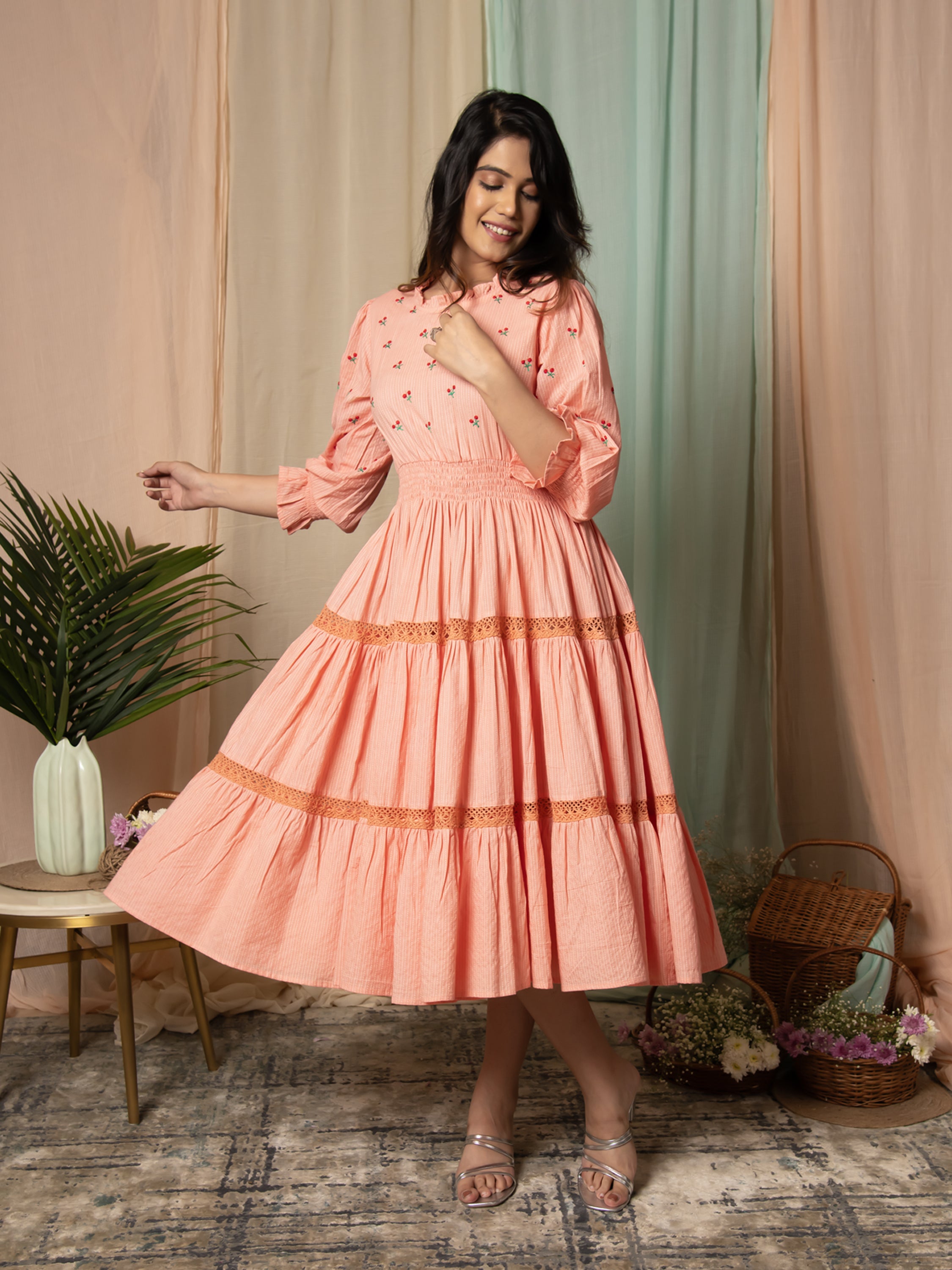 AAHELI RADIANT MEADOWS PEACH COTTON KANTHA TIERED DRESS