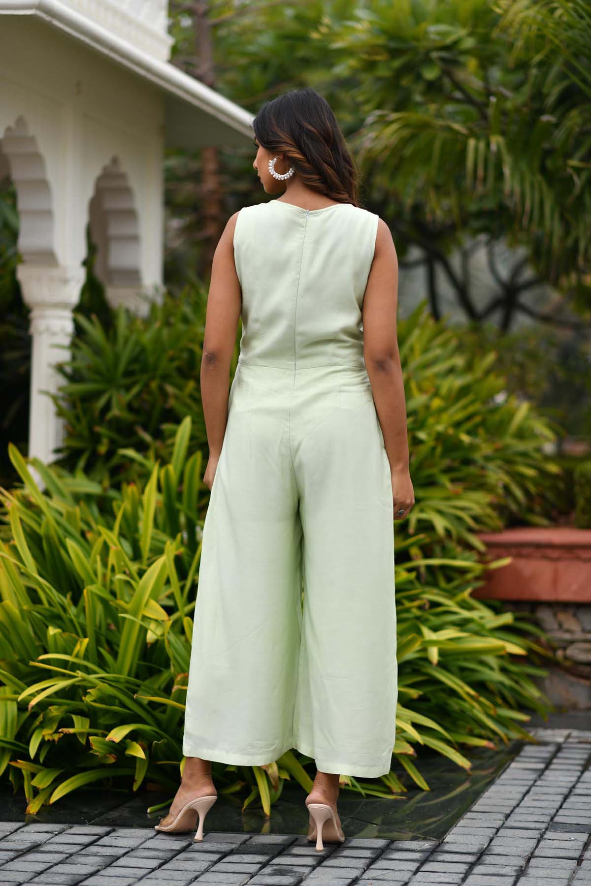 PHANTOM GREEN SOLID-EMBROIDERED JUMPSUIT