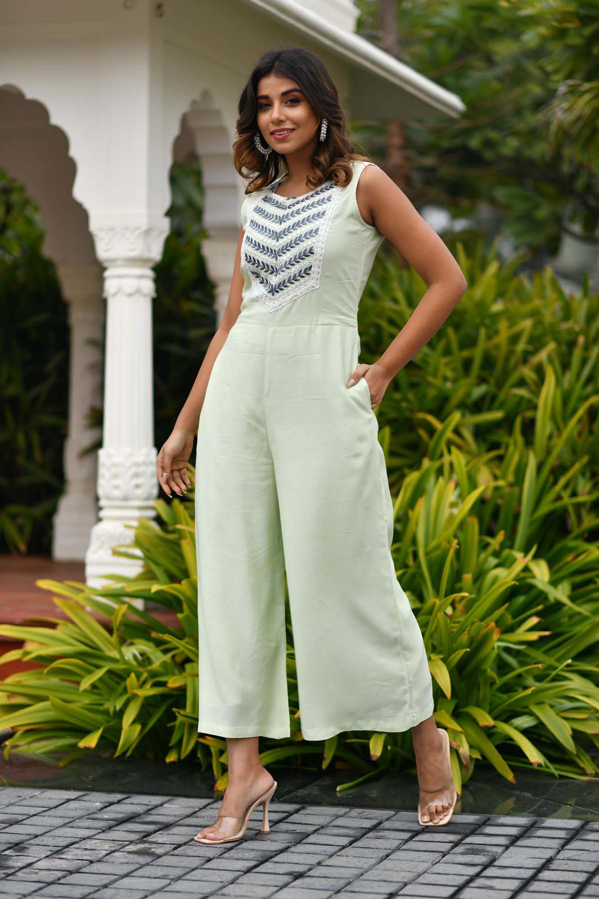 PHANTOM GREEN SOLID-EMBROIDERED JUMPSUIT