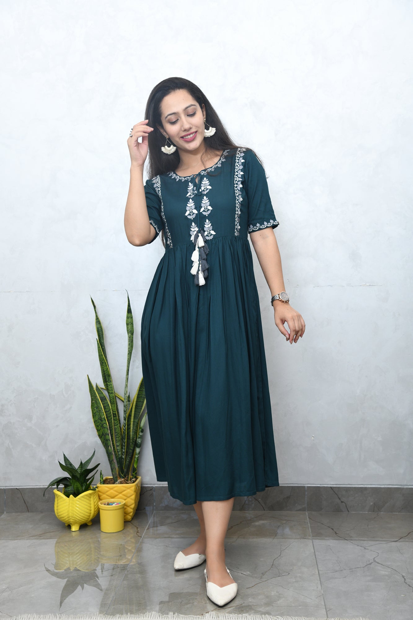 MIDNIGHT GREEN EMBROIDERED DRESS