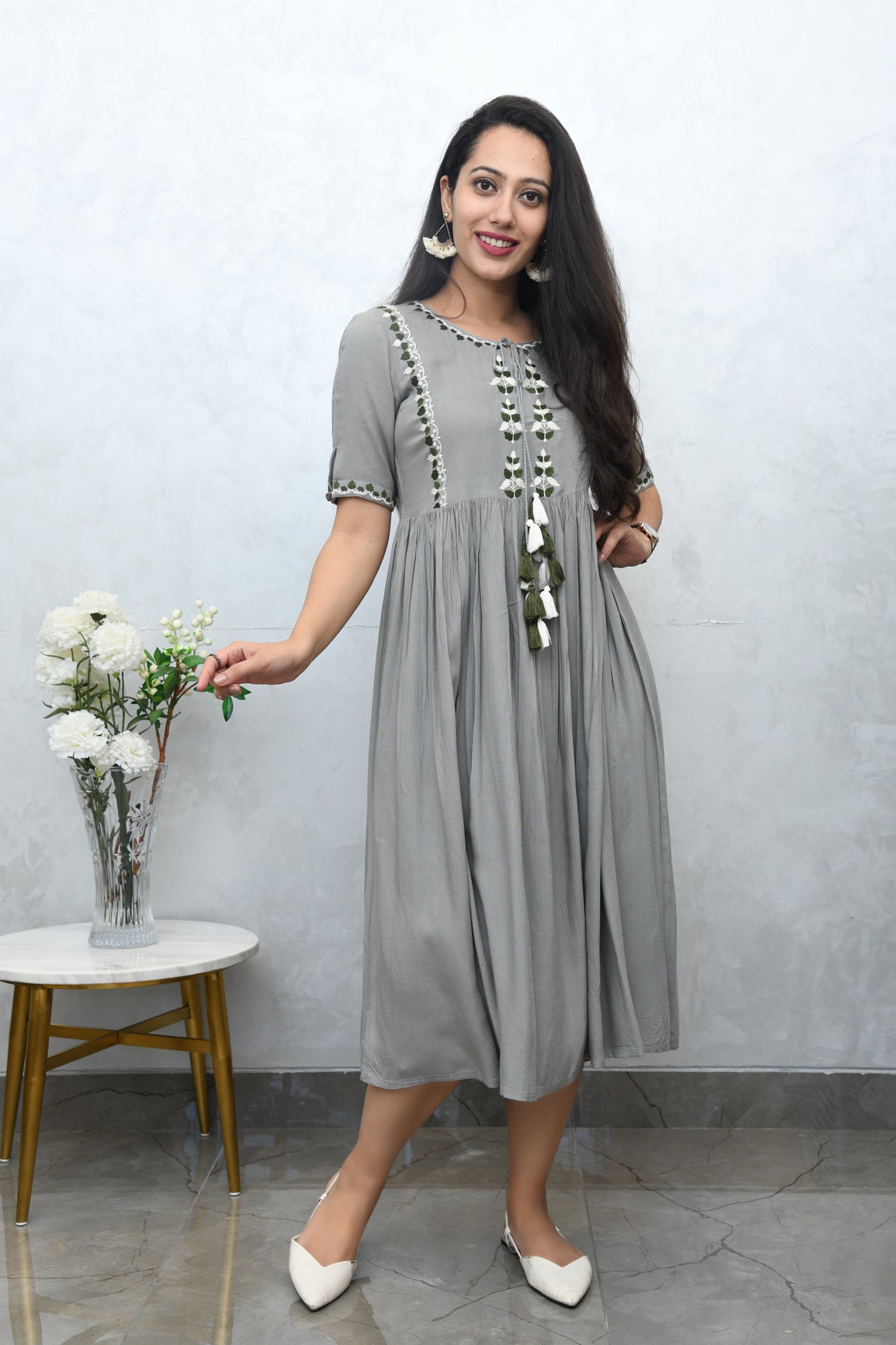 ASH GREY EMBROIDERED DRESS