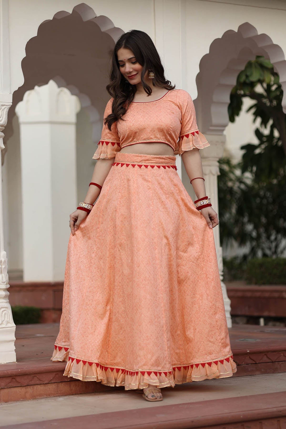 DARSHIKA PEACH LEHENGA WITH COVERUP