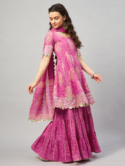 DARMIKA PINK BLOCK PRINTED FLARED KURTA-SHARARA & DUPATTA SET