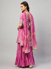 DARMIKA PINK BLOCK PRINTED FLARED KURTA-SHARARA & DUPATTA SET