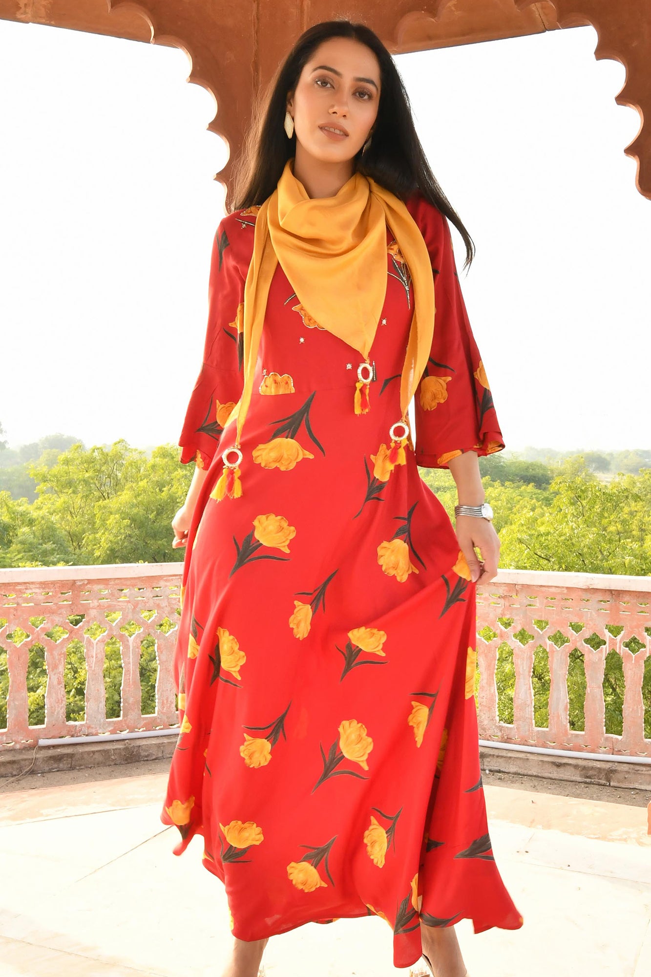 PRINTED RED RAYON LONG DRESS WITH YELLOW SCARF