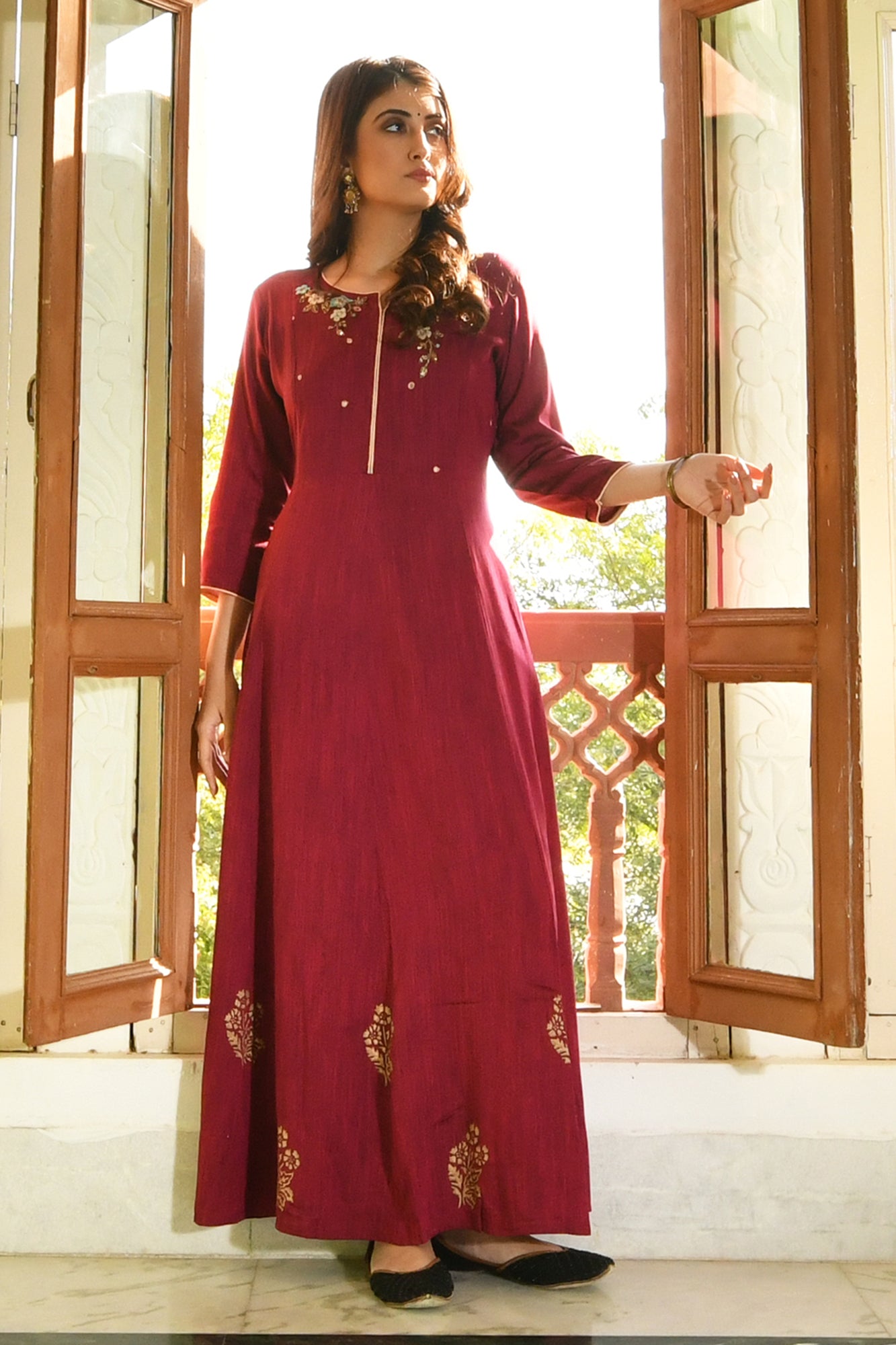 EMBROIDERED RAYON LONG DRESS