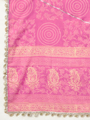 DARMIKA PINK BLOCK PRINTED FLARED KURTA-SHARARA & DUPATTA SET