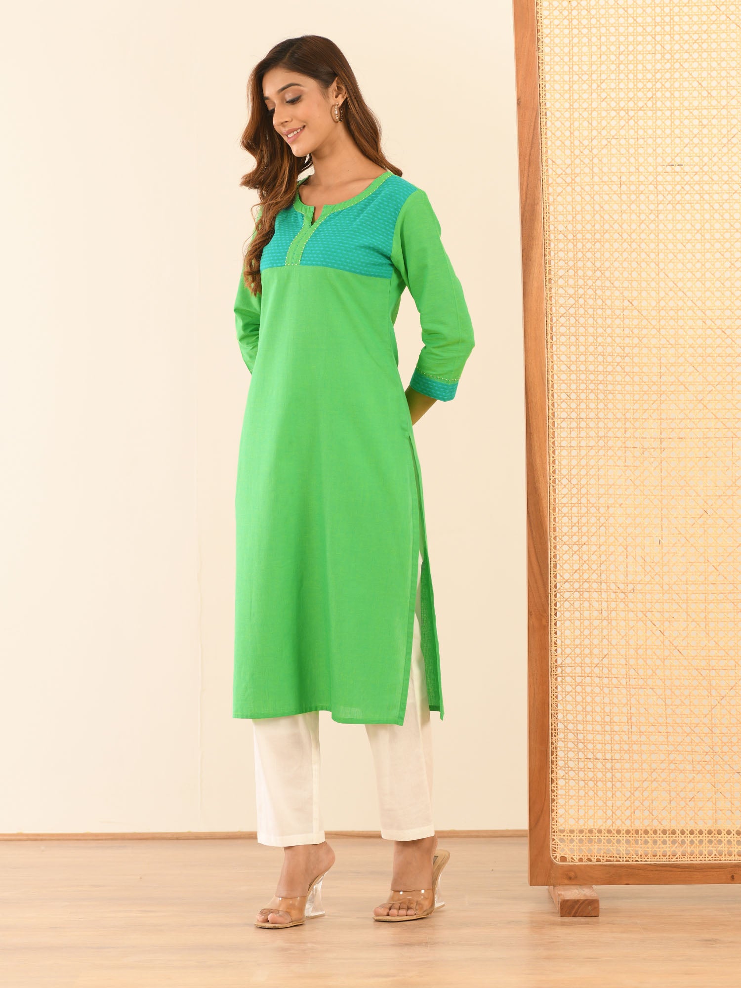 SPRING GREEN YARN DYED COTTON KURTA & PANTS SET