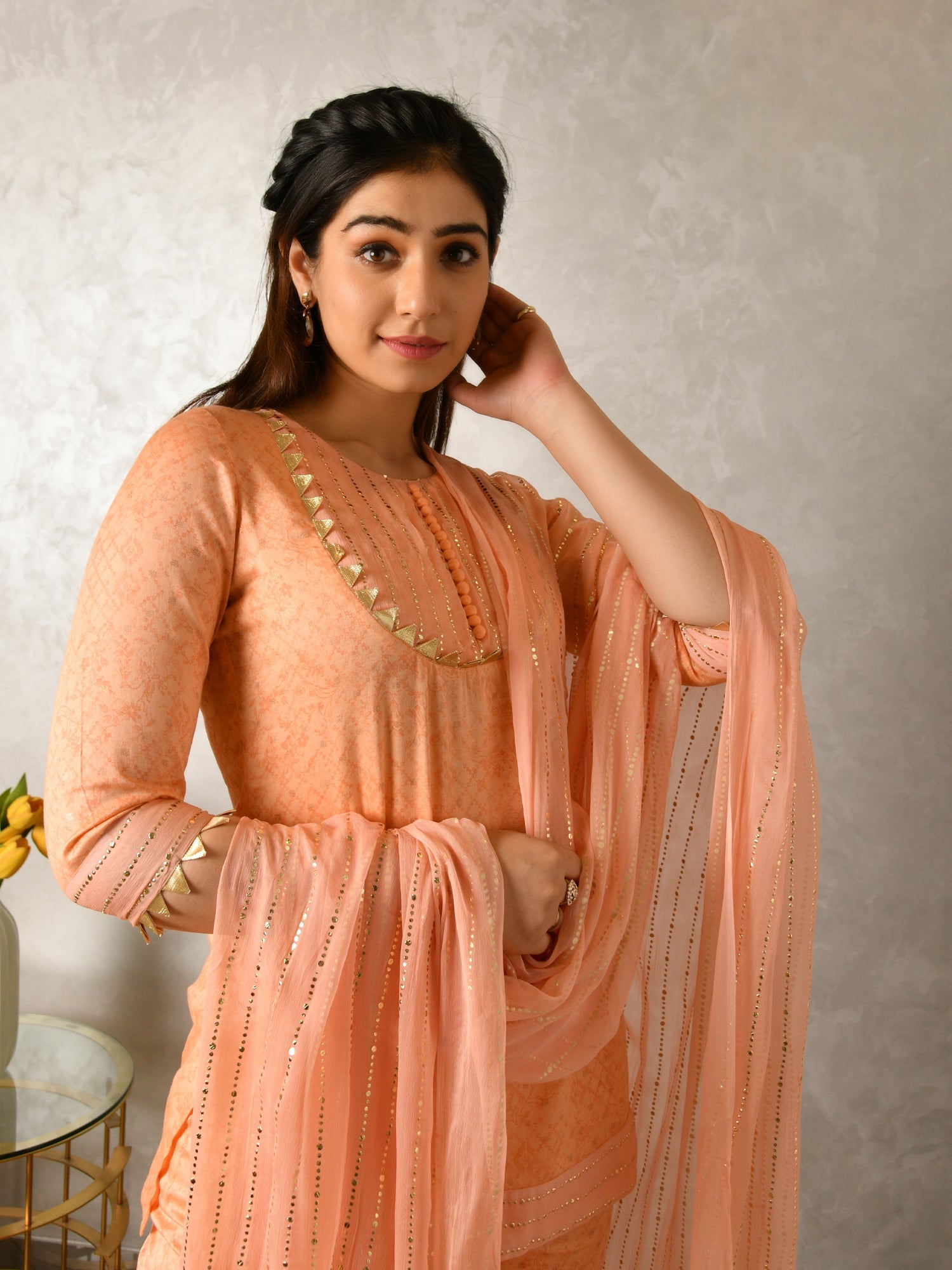 SHYLA PEACH KURTA-SHARARA & DUPATTA SET