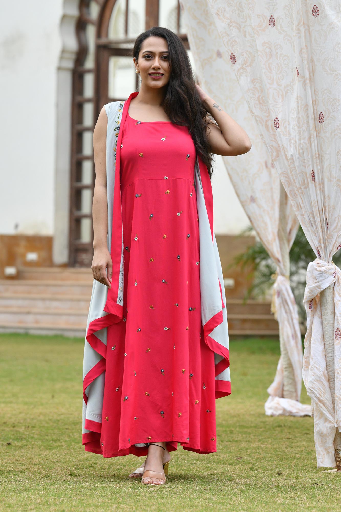 RASPBERRY-GREY EMBROIDERED DRESS WITH SHRUG