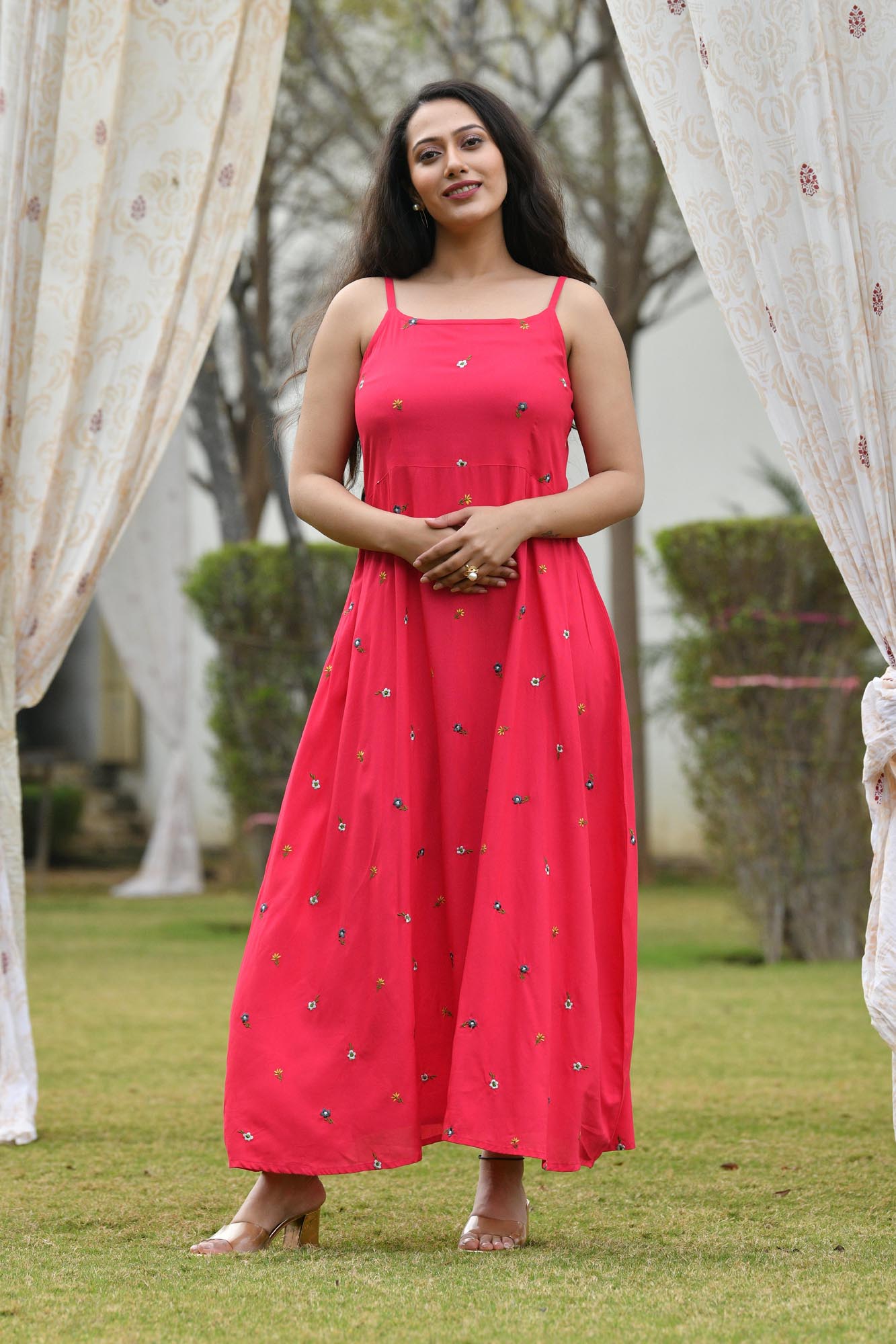 RASPBERRY-GREY EMBROIDERED DRESS WITH SHRUG
